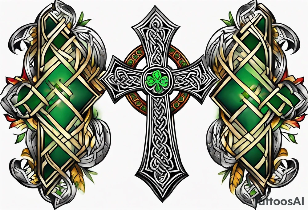 Celtic cross, shamrock in center, one Indian feather hanging from each side arm of cross tattoo idea