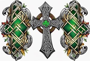 Celtic cross, shamrock in center, one Indian feather hanging from each side arm of cross tattoo idea
