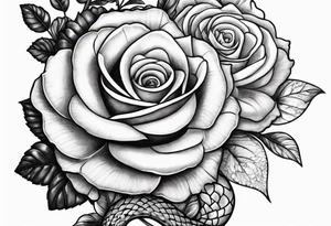 snake tatto wrapped around my arm with one money flower and one rose flower tattoo idea