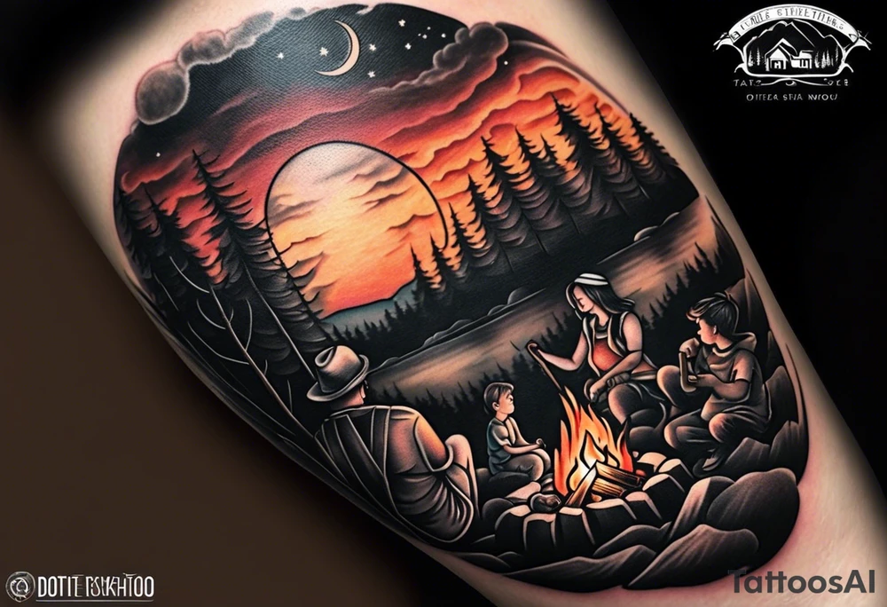 Tattoo of a family of four on a male forearm 
- dad, mom and two boys around a campfire.  Background is a sunset at the bottom, night at the top with a big beautiful moon. tattoo idea