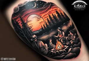 Tattoo of a family of four on a male forearm 
- dad, mom and two boys around a campfire.  Background is a sunset at the bottom, night at the top with a big beautiful moon. tattoo idea
