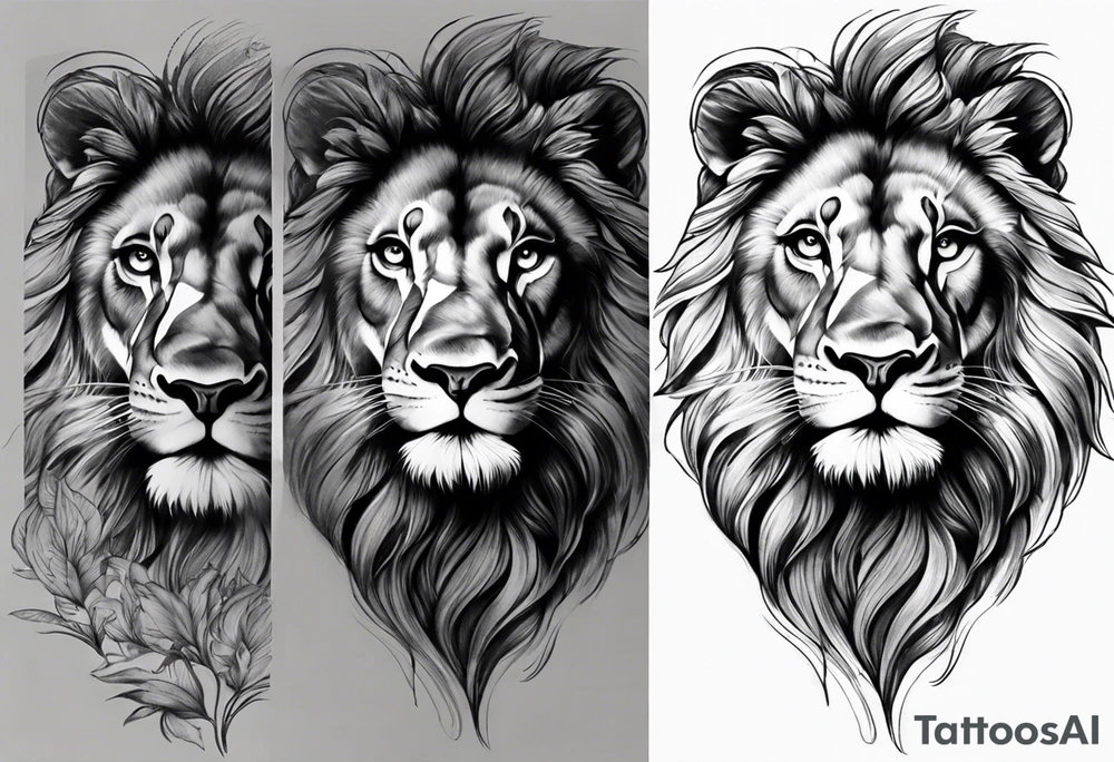 creat a half sleeve from the shoulder to the elbow. The top should have a background that compliments the natural curve of the shoulder. The tattoo should be a powerful lion and a baby cub, looking at their shadow tattoo idea