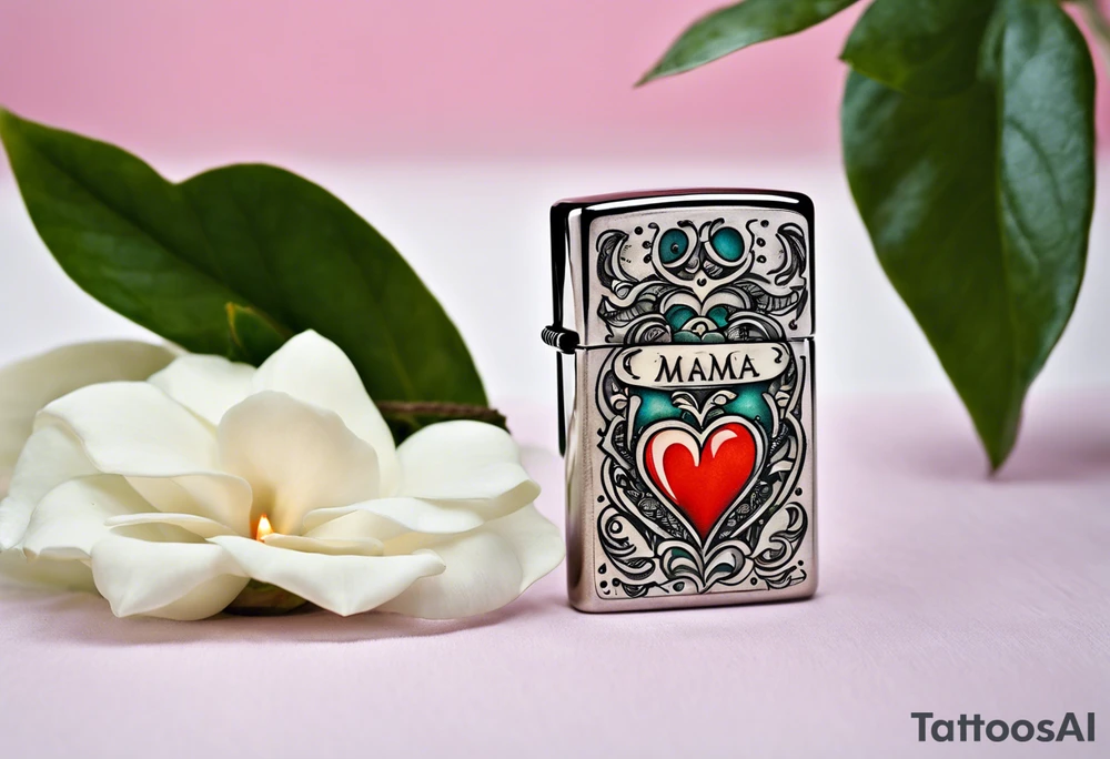 A tattoo of a vintage zippo lighter with a traditional heart engraved on the front.. inside the heart is quote "MAMA" a white gardenia is in front of the zippo and a string of pearls surrounds it.. the zippo is lit and the lid has quote "TRIED" ENGRAVED ON IT tattoo idea