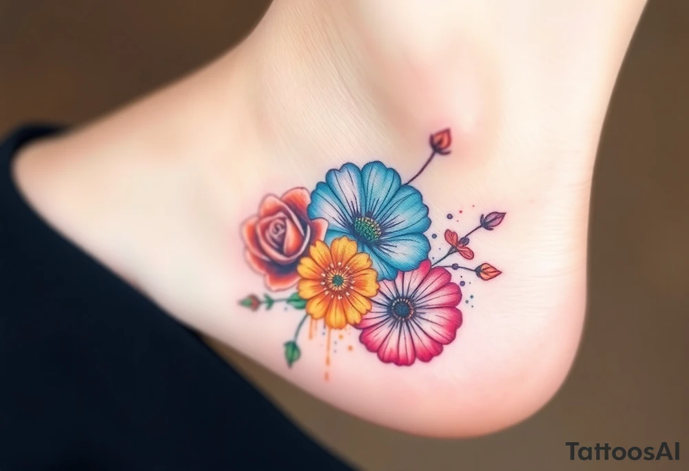 a colorful, vibrant, watercolor tattoo with one rose, one lily, one marigold, and one cosmos flower and with splashes of color tattoo idea