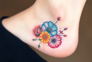a colorful, vibrant, watercolor tattoo with one rose, one lily, one marigold, and one cosmos flower and with splashes of color tattoo idea