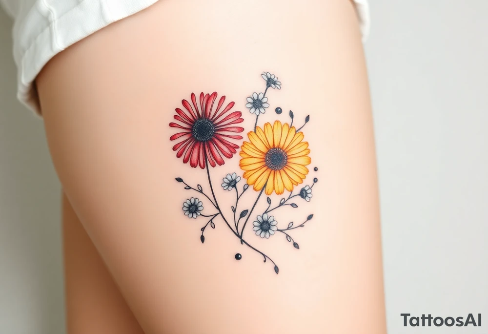 Fine line flower tattoo with three gerbera daisies (red, yellow, and orange) along with smaller white regular daisies and maybe other flowers or vines. Mix in a Celtic Serch Bythol symbol somehow and some fine line swirls, tendrils, or spirals as needed tattoo idea