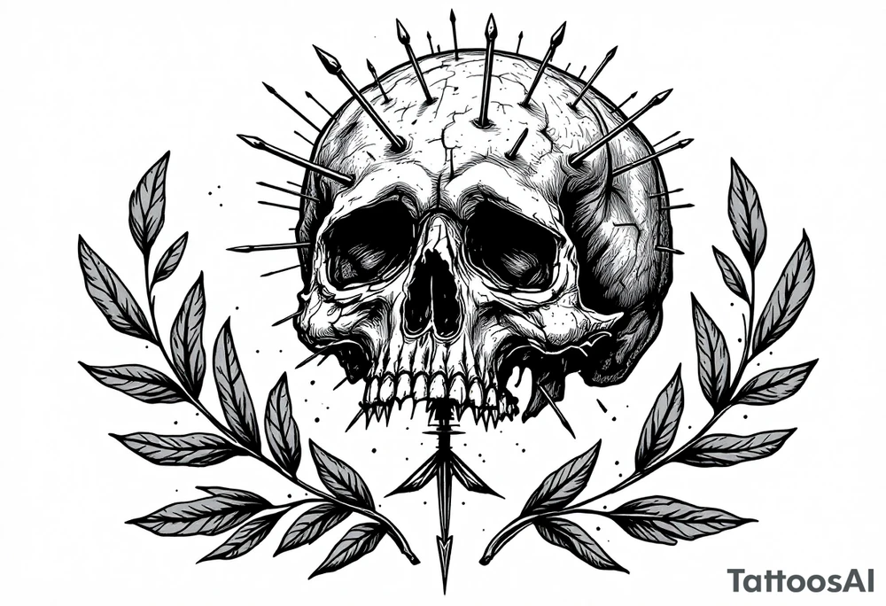 a sad skull whose head  stand out by needles and under the head come down an  arrow and surrounded  by two olive tree leaf around tattoo idea