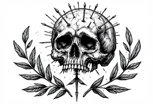 a sad skull whose head  stand out by needles and under the head come down an  arrow and surrounded  by two olive tree leaf around tattoo idea