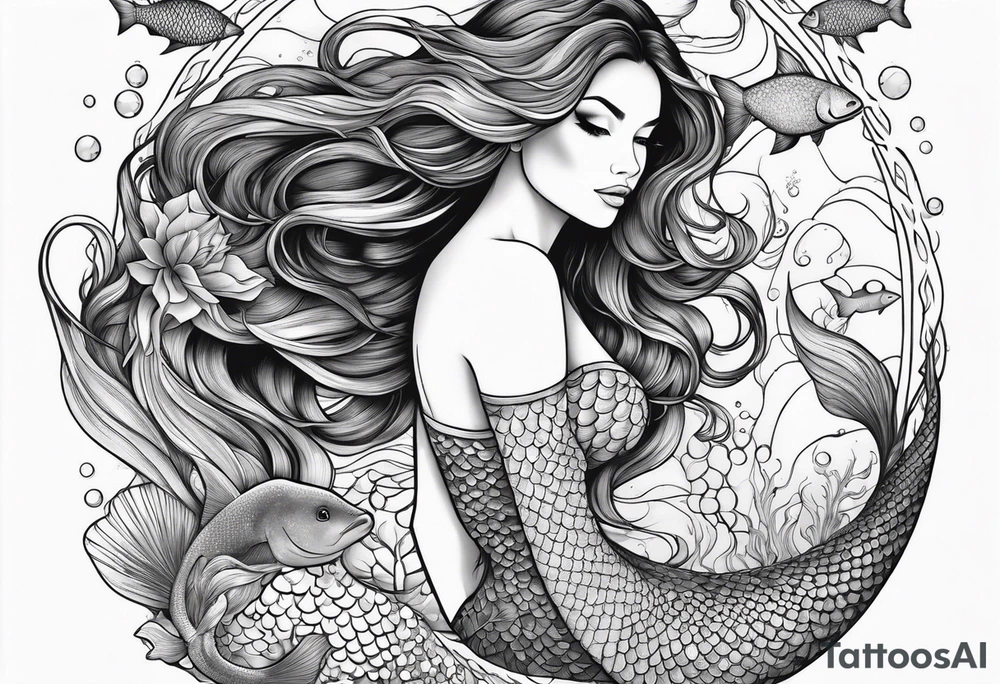 Beautiful full length mermaid under the sea with cascading hair and flowing tail. surrounded by sea creatures tattoo idea
