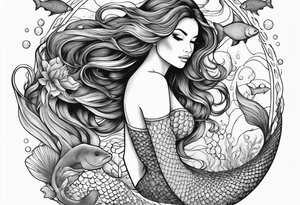 Beautiful full length mermaid under the sea with cascading hair and flowing tail. surrounded by sea creatures tattoo idea