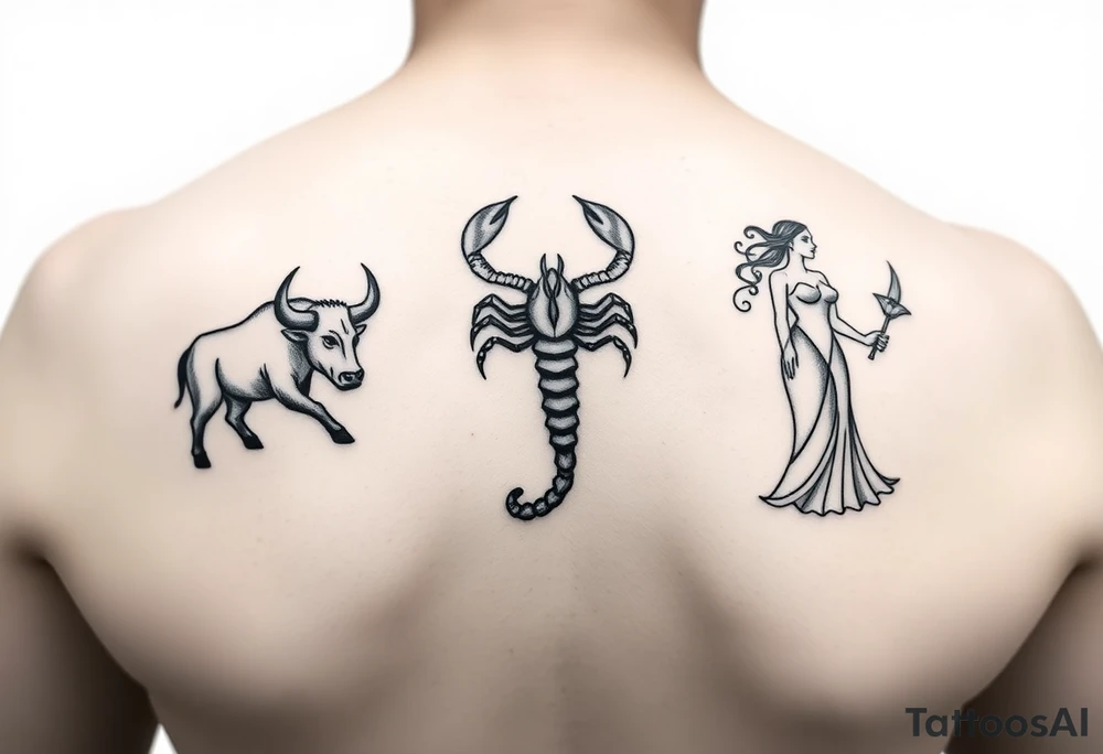 Minimalist tattoo design, featuring three distinct figures: a powerful bull, a stylized scorpion, and a graceful maiden (Virgo), fine line art style, black ink, white background, clean contours, no shading, elegant composition, sophisticated masculine aesthetic, high contrast tattoo idea