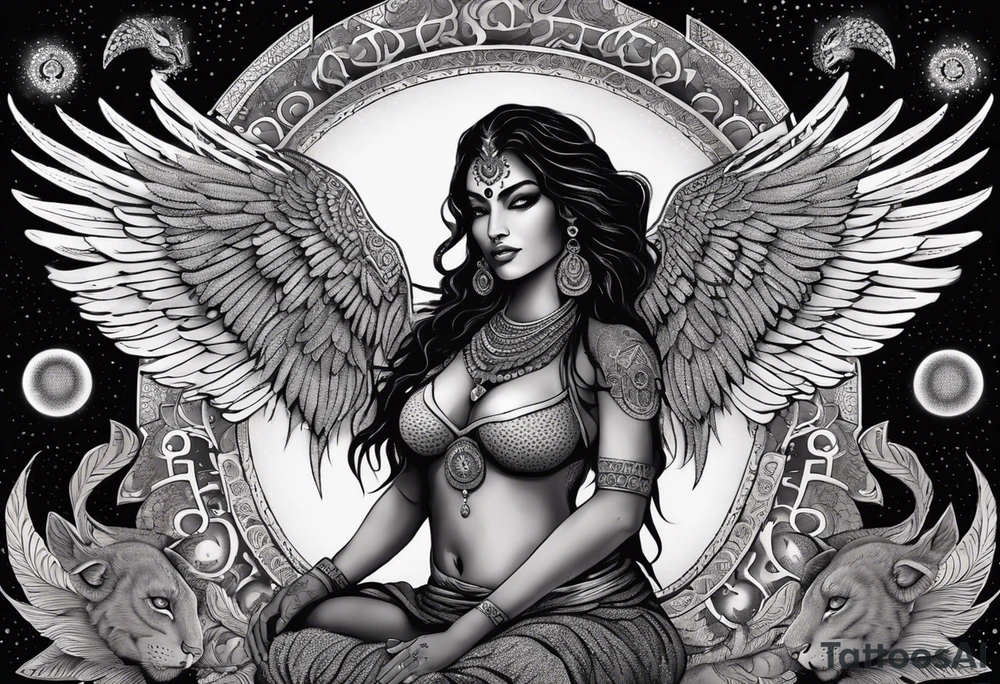 black kali, goddess pirate, alien, angel, pachamama, valkrye, warrior, flying, skull, lotus azul, wing, eagle, zenza resonance, stars, 5D, anahata chakra, death, durga, riding on a tiger, flying lady, kundalini, chest tatoo, samuri, rebel,serpent tattoo idea