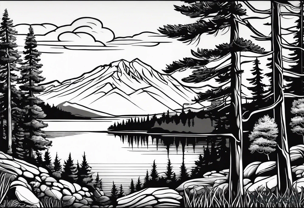 shoulder/upper arm design. pebble beach on a lakefront with a lake surrounded by tall trees and a mountain backdrop. Has reflections across the lakewater tattoo idea