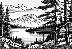 shoulder/upper arm design. pebble beach on a lakefront with a lake surrounded by tall trees and a mountain backdrop. Has reflections across the lakewater tattoo idea