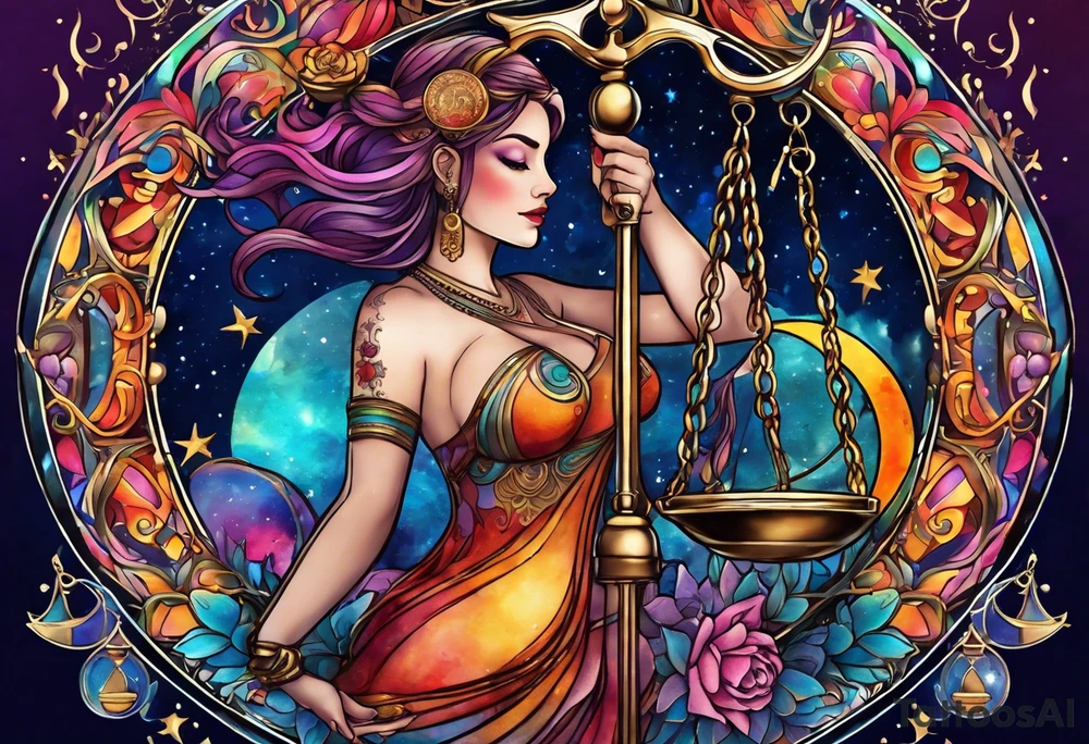 Libra woman holding scales with a night zodiac background including a half moon that encircles half of the woman with vibrant colors tattoo idea