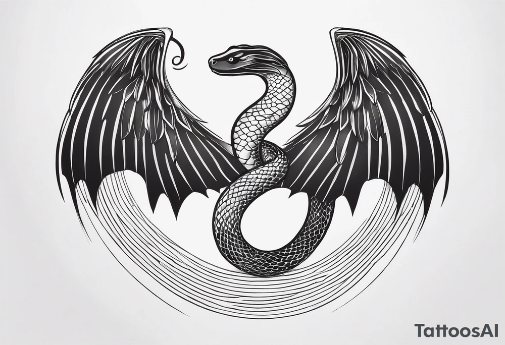 A detailed depiction of a snake with a radiant halo above its head and elegant wings extending from its sides. tattoo idea