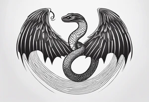 A detailed depiction of a snake with a radiant halo above its head and elegant wings extending from its sides. tattoo idea