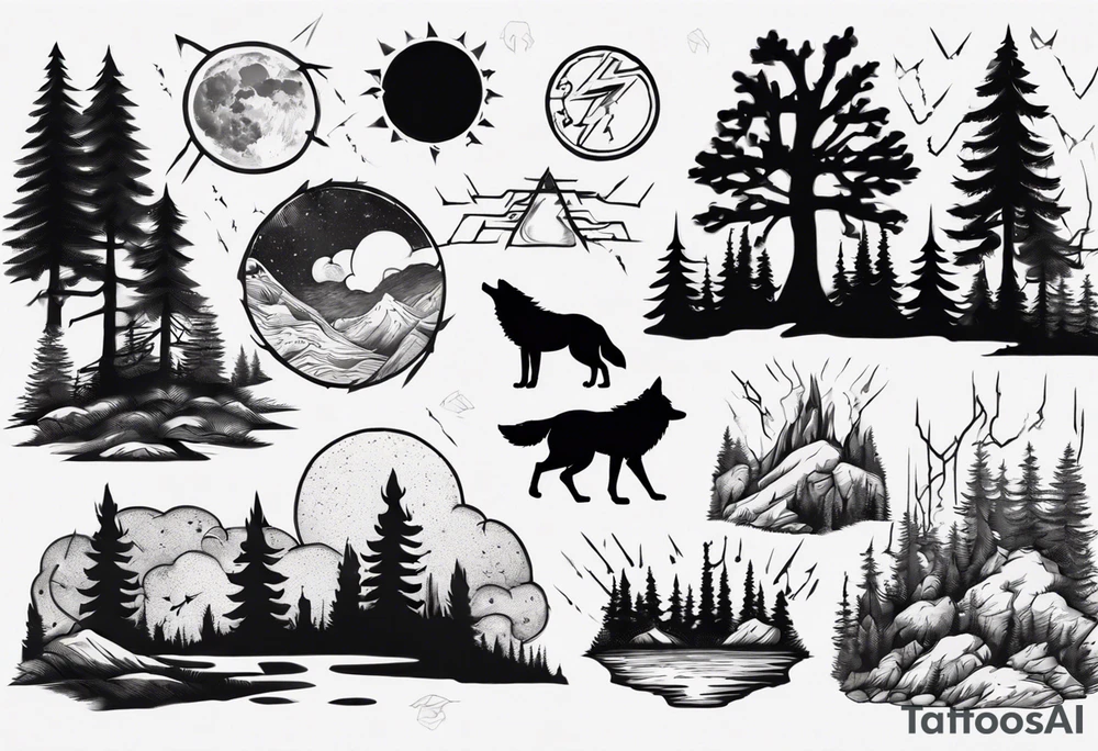 a thunder and lightning storm over a forest with a distant wolf howling and a drums tattoo idea