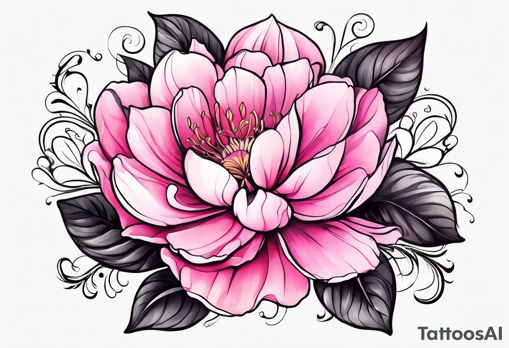 pink flower with floating cat tattoo idea