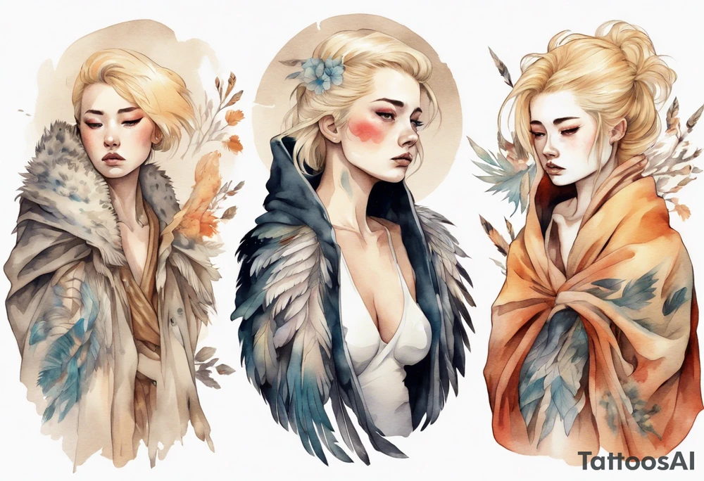 a sad blond woman with a feathered cloak tattoo idea