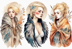 a sad blond woman with a feathered cloak tattoo idea