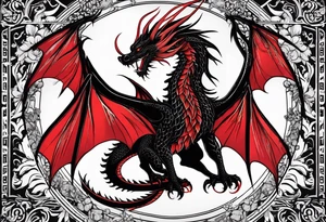Black dragon. Red Lycoris radiata. Lightning. No background. tattoo idea