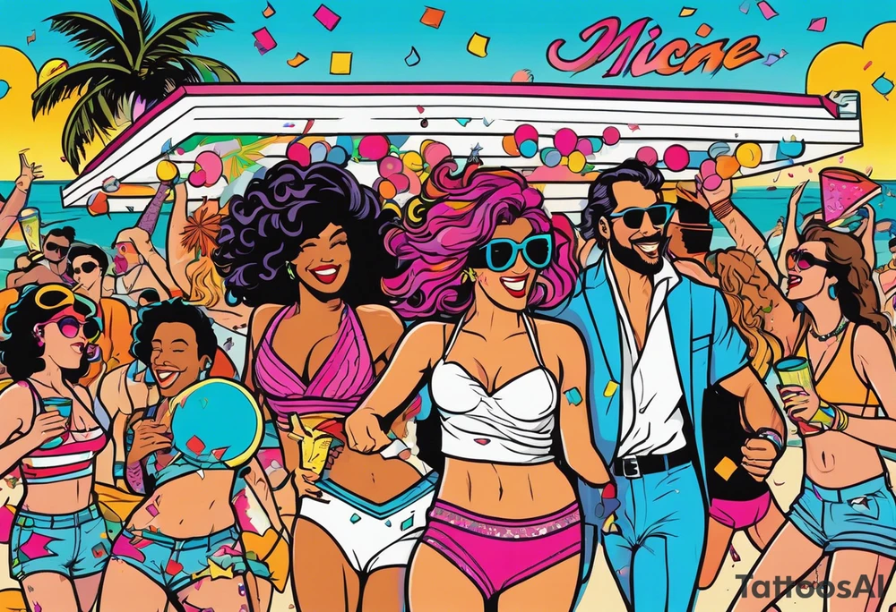 1980's miami vice style beach dance 
party, include confetti, music notes, boom box, bikinis sunset in the center tattoo idea