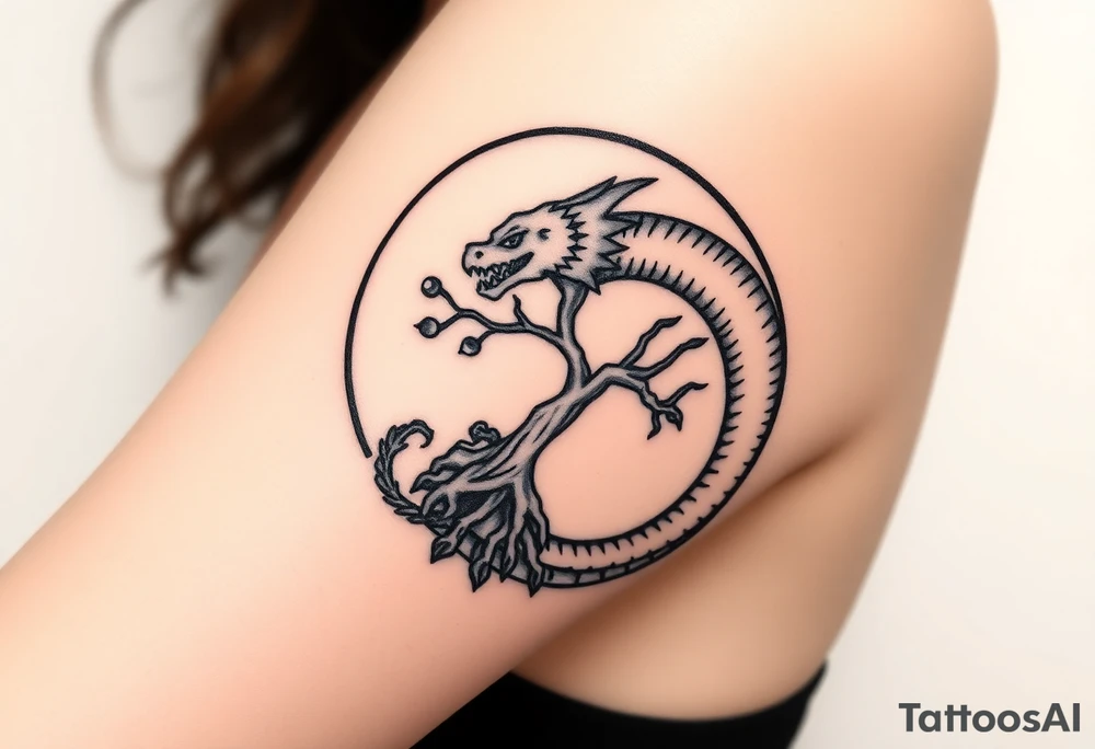 a dragon forming a circle with its body.  the dragon encircles the tree of life.   the tree of life has fruit  and the dragon is eating the fruit. the roots of the tree are strangling the tail of the dragon tattoo idea