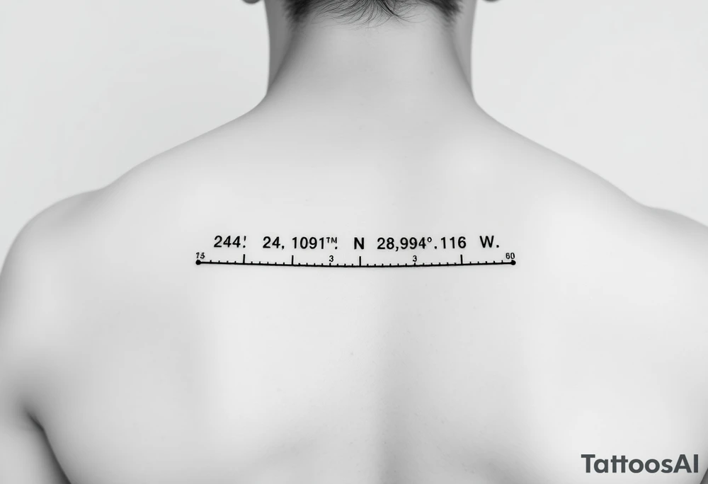 "24°10′N, 20°16′E". Below the second dot, write: "53.4084°N, 2.9916°W". Above each coordinate, place a small circle or marker dot to signify key points. Beneath the entire timeline, add a single row — ● — ●   ● —   ● — ●   — — —   ● — ● ●   ● ●   — ● ●   ● — tattoo idea