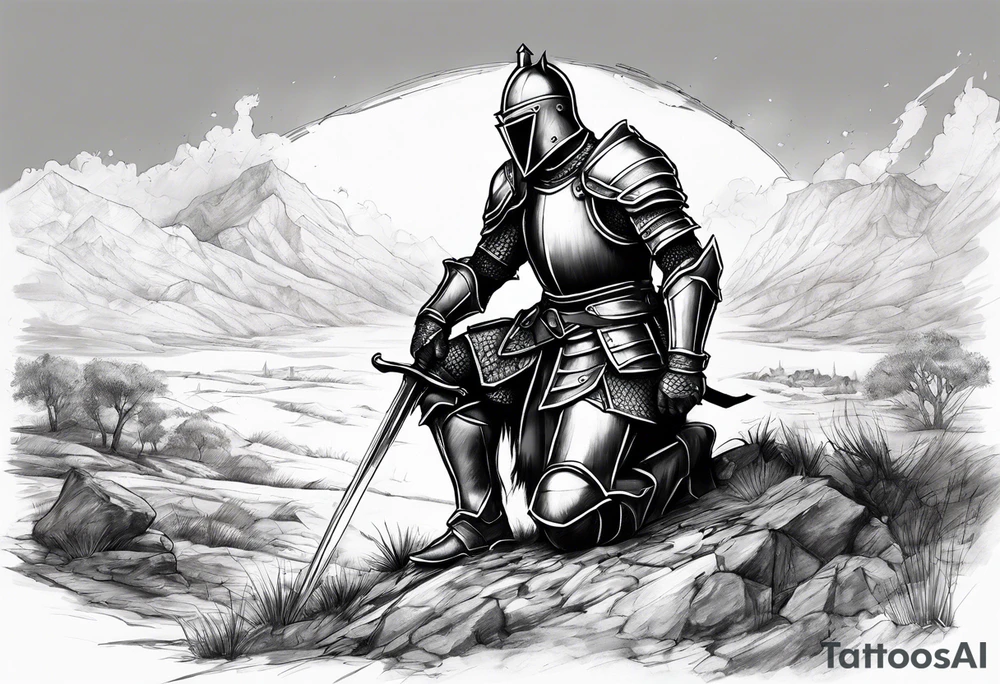 Wounded knight on his knees in battlefield tattoo idea