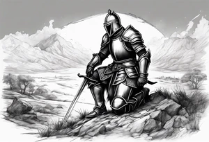 Wounded knight on his knees in battlefield tattoo idea