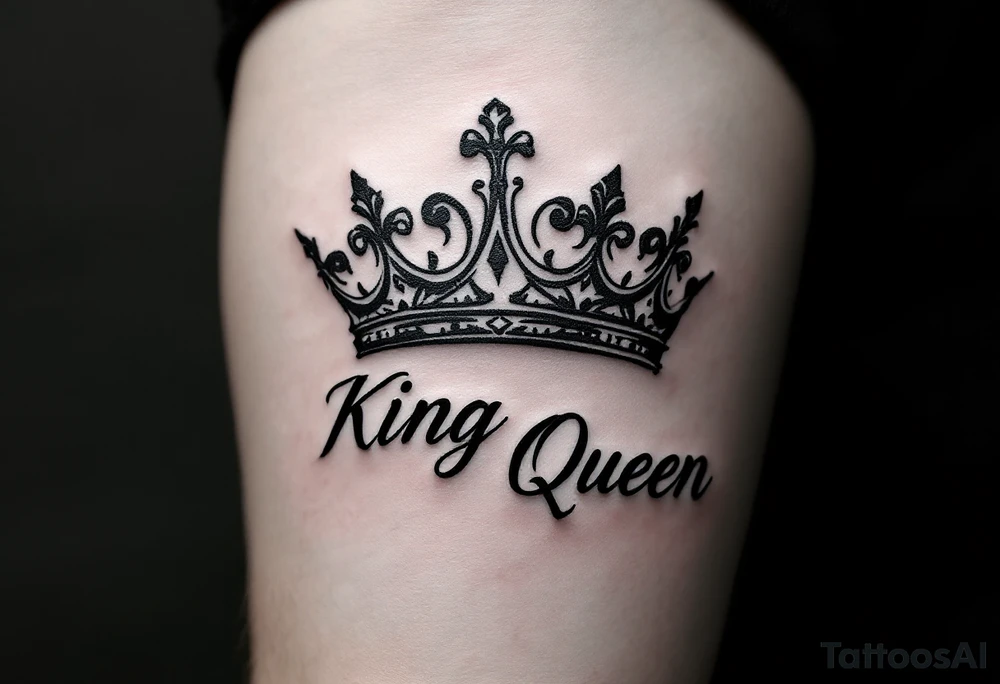 A minimalist black crown pair with the word "King" in bold script and "Queen" in elegant cursive, symbolizing unity in style. tattoo idea