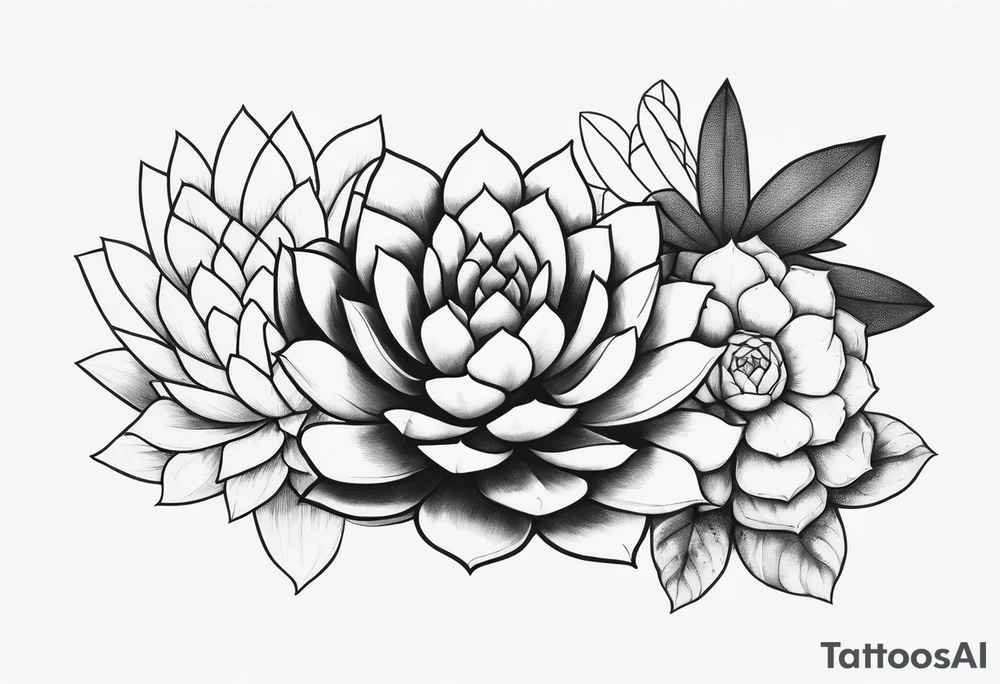 fine line. one big succulent in the middle. Two smaller succulents on the side. Dots and floral
. Sternum tattoo grey scale shading tattoo idea