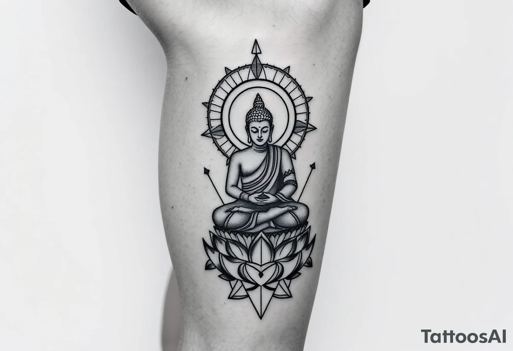 leg tattoo with buddha above knee on thigh, using sacred geometry and space themes tattoo idea