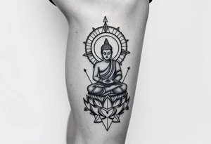 leg tattoo with buddha above knee on thigh, using sacred geometry and space themes tattoo idea