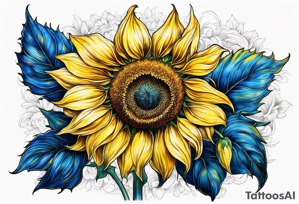 a yellow sunflower bloom with blue highlights tattoo idea