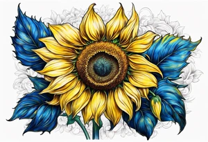 a yellow sunflower bloom with blue highlights tattoo idea