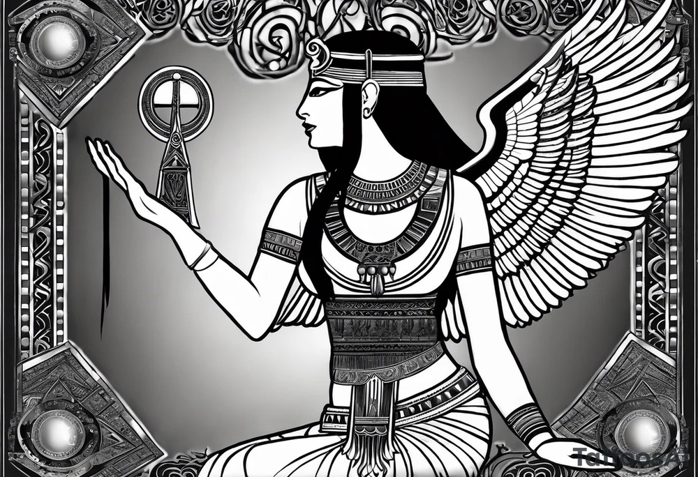 black and white Egyptian goddess Isis, who is often depicted as a woman with outstretched wings, holding an ankh (a symbol of life) in one hand and a lotus flower in the other. Her headdress often includes a throne or a solar disk. The tattoo design can vary in style and size, but it typically aims to capture the essence of this revered Egyptian deity, emphasizing her beauty, power, and maternal qualities. The choice of colors and additional elements can also be customized to create a unique and visually striking representation of the goddess Isis tattoo idea