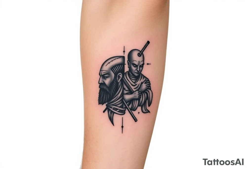 African Warrior and Monk war and peace tattoo idea