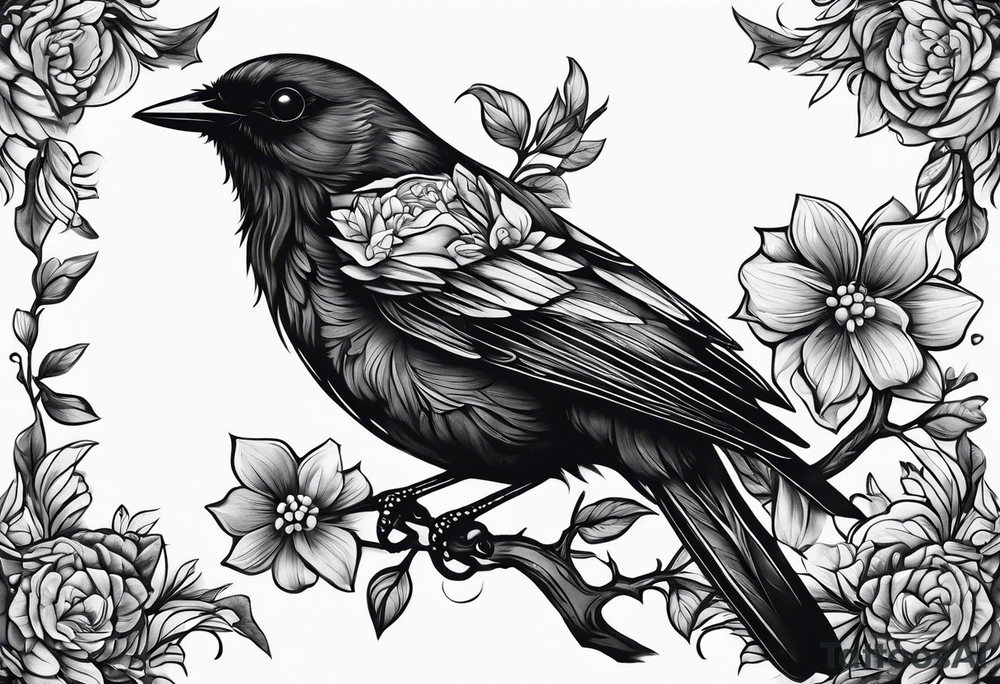 Black bird about to fly on a branch with flowers tattoo idea