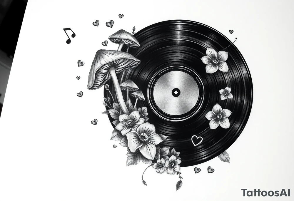 vinyl record with mushrooms, flowers, hearts, and music notes tattoo idea