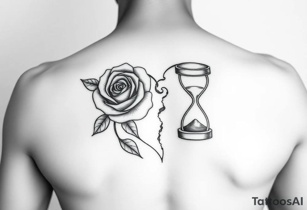 Arose in the shape of a heart with pieces of the Rose blowing away in the wind and the other half an hourglass with the sand out of time black and white feminine realistic tattoo idea
