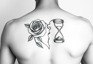 Arose in the shape of a heart with pieces of the Rose blowing away in the wind and the other half an hourglass with the sand out of time black and white feminine realistic tattoo idea