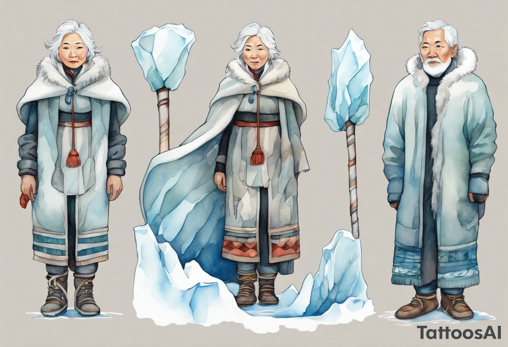 a middle aged Inuit woman with white hair, wearing mittens, mukluks, and a white cloak. Holding a white staff. Standing on an iceberg in the sea tattoo idea