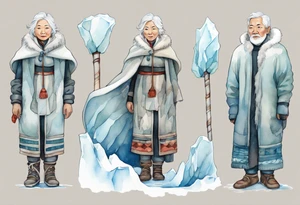 a middle aged Inuit woman with white hair, wearing mittens, mukluks, and a white cloak. Holding a white staff. Standing on an iceberg in the sea tattoo idea