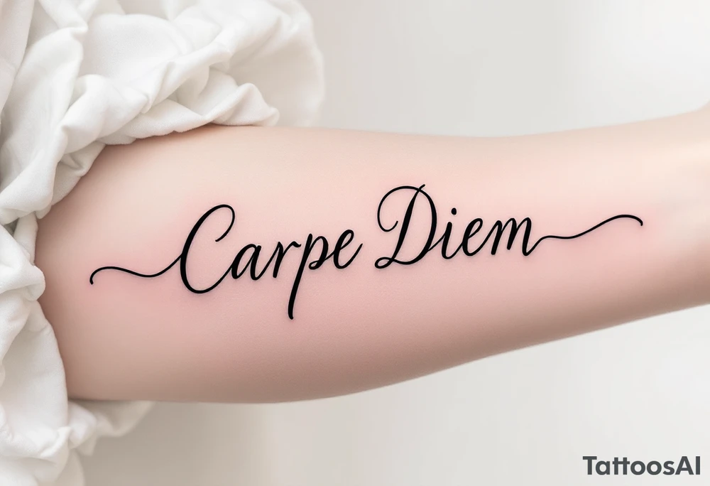 "Carpe Diem" in fine-line black ink curling around a soft pink peony. tattoo idea