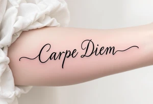 "Carpe Diem" in fine-line black ink curling around a soft pink peony. tattoo idea