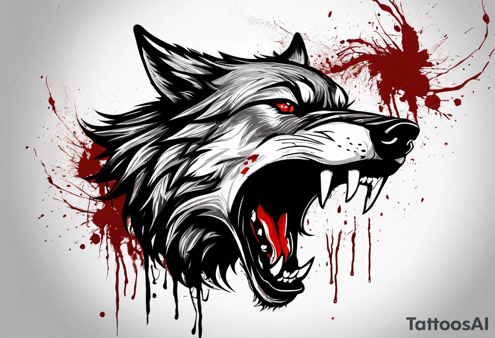 Create aggressive WOLF, with some blood coming out of his mouth and saliva. BLOOD IN THE BACKGROUND. Make it a drawing and use the image of reference. I am going to add. I want HIM TO BE ANGRY WITH RED EYES use VICIOUS WOLF THATS ANGRY tattoo idea