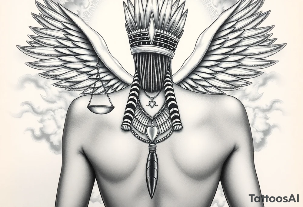 Beautiful Egyptian goddess and elegant body, depicted as a regal woman with an ostrich feather headdress, and intricate ancient Egyptian jewelry, the Anhk necklace. Background includes something similar to heaven, as one is walking into it. Incorporate the Scales of Justice—one side holding a heart, the other Ma’at’s feather—glowing with ethereal energy. Emphasize dramatic lighting, deep shadows, and surreal, mystical atmosphere tattoo idea