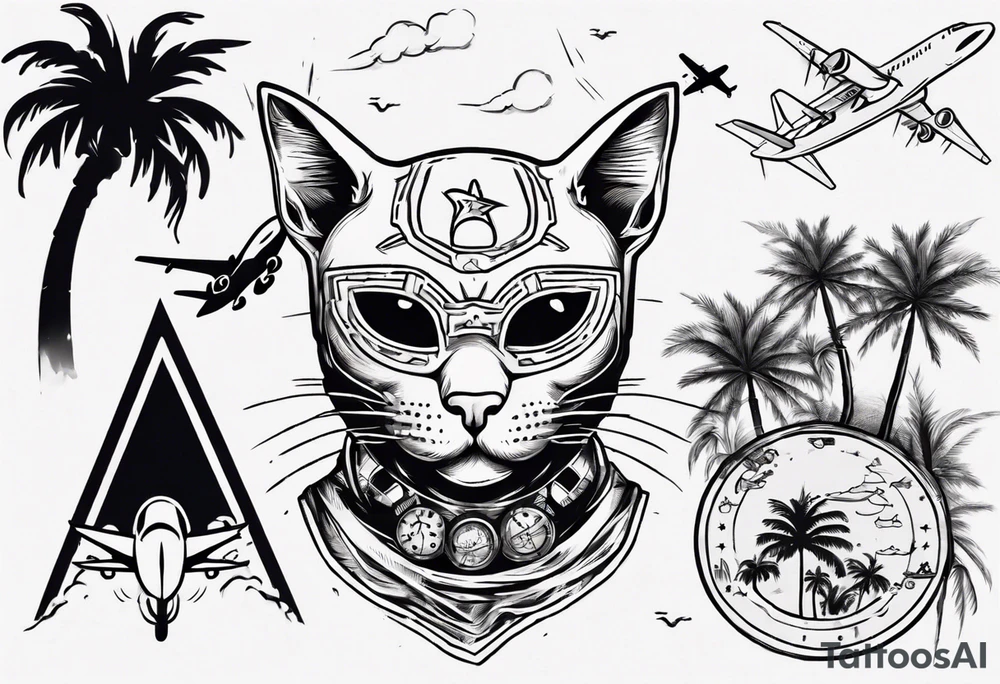cat in a mask with palm trees and airplanes in the background tattoo idea